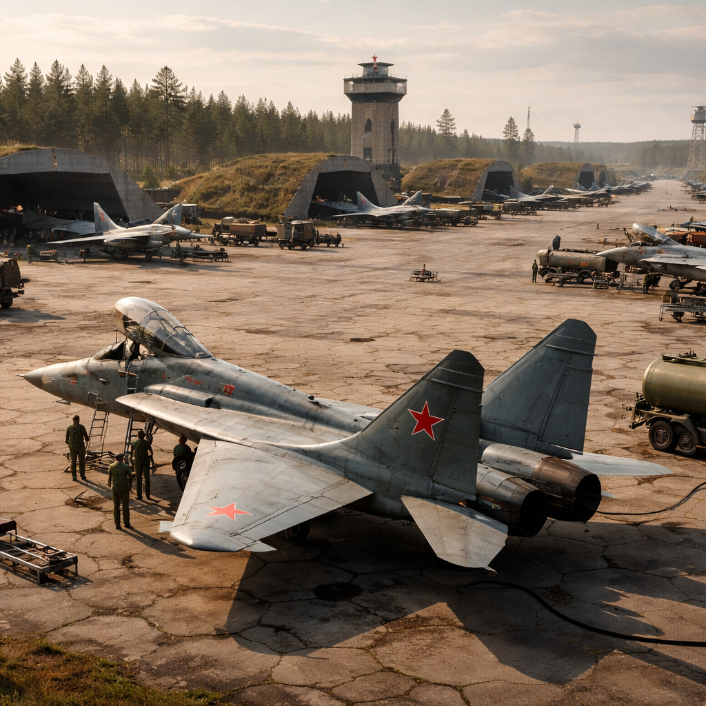 Military USSR aircraft on a hexagon tarmac with hangars for modelbuilding