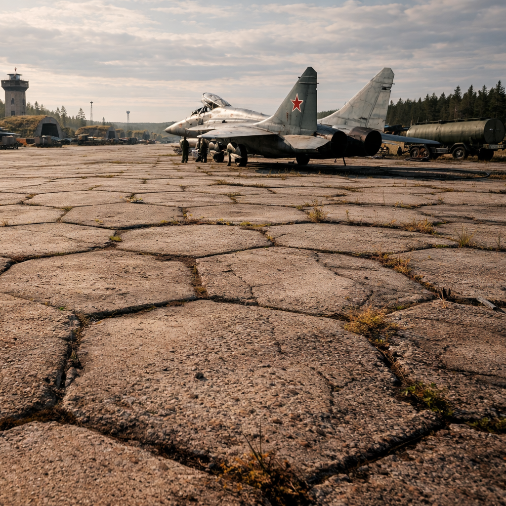 Abandoned Soviet military aircraft on a cracked hexagon airfield with a cloudy sky for modelbuilding and miniature planes